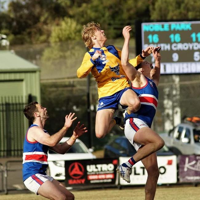 The Bulls’ Harley Fairbank flies for a grab on Saturday. He finished with three goals. Picture: Mark Hillard
