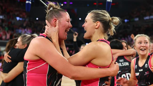 MELBOURNE, AUSTRALIA - JULY 08: Lucy Austin and Tippah Dwan of the Thunderbirds celebrates victory during the 2023 Super Netball Grand Final match between Adelaide Thunderbirds and NSW Swifts at John Cain Arena on July 08, 2023 in Melbourne, Australia. (Photo by Graham Denholm/Getty Images)