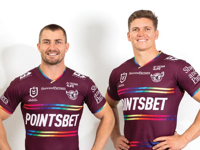 Manly's Sean Keppie, Kieran Foran and Reuben Garrick in the Sea Eagle's Pride jersey. Pic: Manly Digital