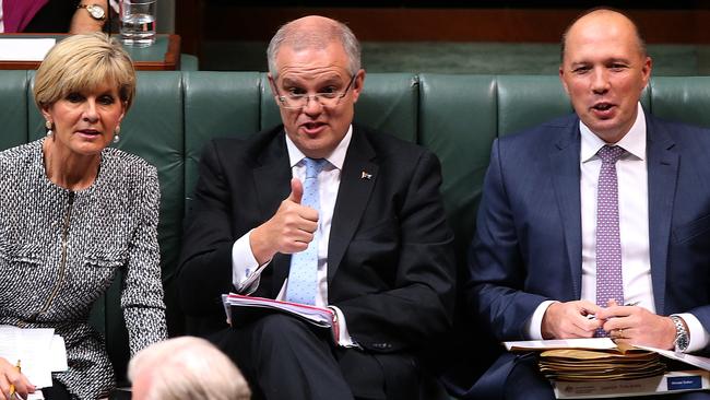 Foreign Affairs Minister Julie Bishop, new Prime Minister Scott Morrison and Peter Dutton. Picture: Kym Smith