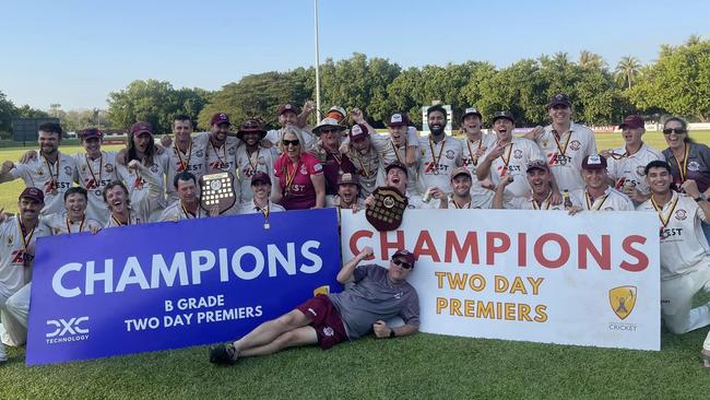 Palmerston Cricket Club's A and B-grade teams celebrating their Two-day premiership victories together. Picture: Palmerston Cricket Club Facebook.