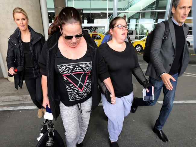 Cassandra Sainsbury's mother Lisa Evans and sister Khala Sainsbury arrive at El Dorado international Airport in Bogota with a 60 Minutes film crew. Picture: Nathan Edwards