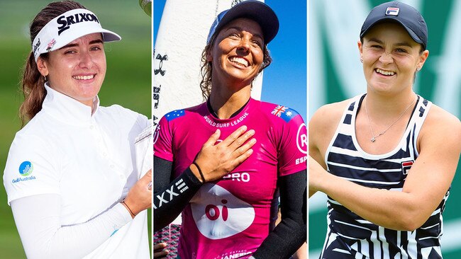 Hannah Green, Sally Fitzgibbons and Ash Barty are all on top of the world but at different stages of their careers. Picture: Getty Images/AP