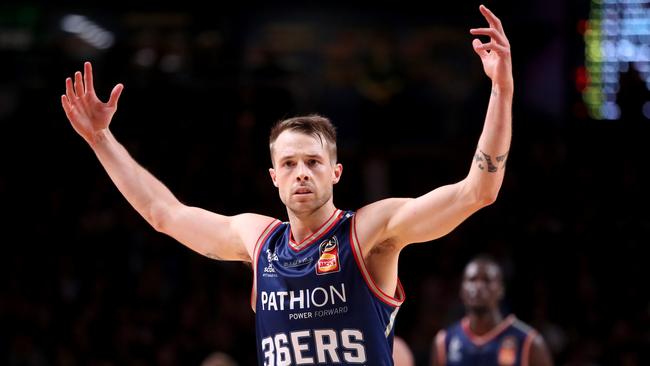 Nathan Sobey gets the crowd pumped up during the Sixers win on Sunday. Picture: AAP Image