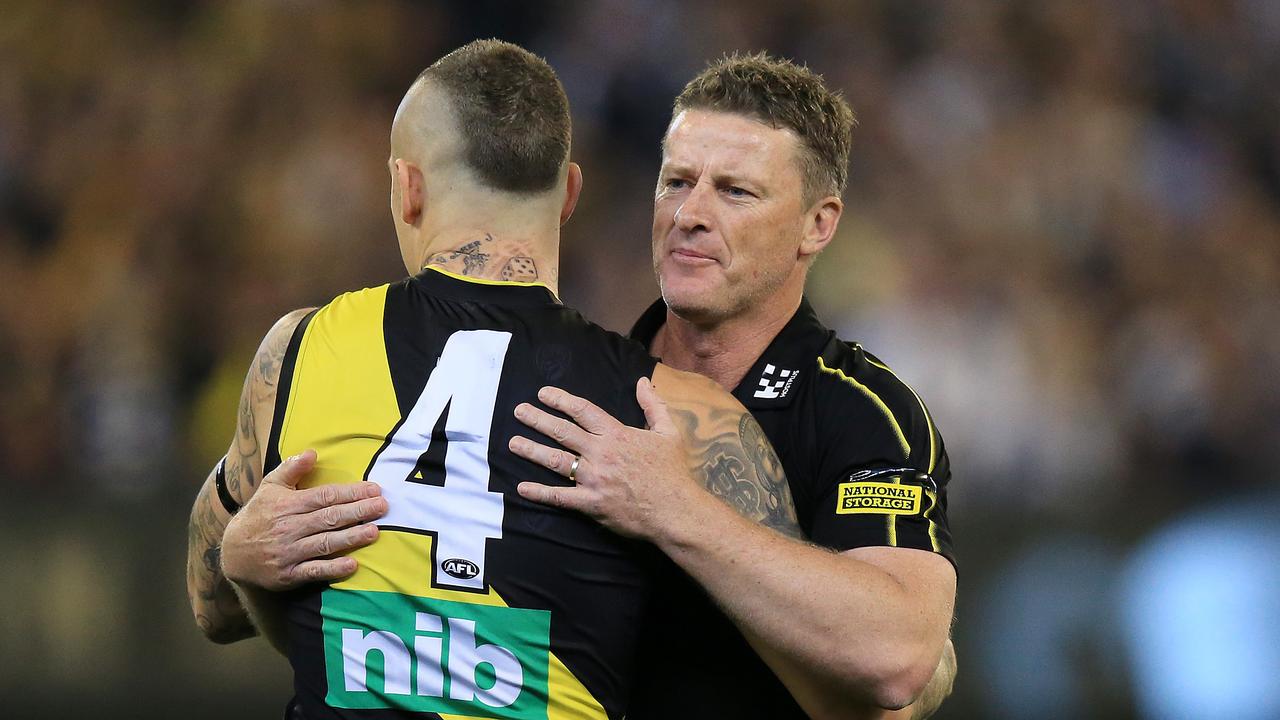 2019 AFL Second Preliminary Final - Richmond Tigers V Geelong Cats at the MCG. Dustin Martin of the Tigers and Damien Hardwick coach of the Tigers pre match. Picture: Mark Stewart
