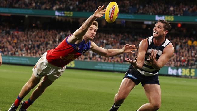 Harris Andrews had an engrossing duel with Geelong champion Tom Hawkins. Picture: Michael Klein