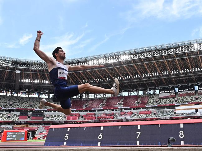 Greece's Miltiadis Tentoglou on his way to victory in the long jump. Picture: AFP