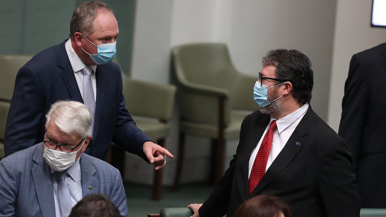 Dawson MP George Christensen with Barnaby Joyce in parliament on Thursday. Picture: NCA NewsWire / Gary Ramage