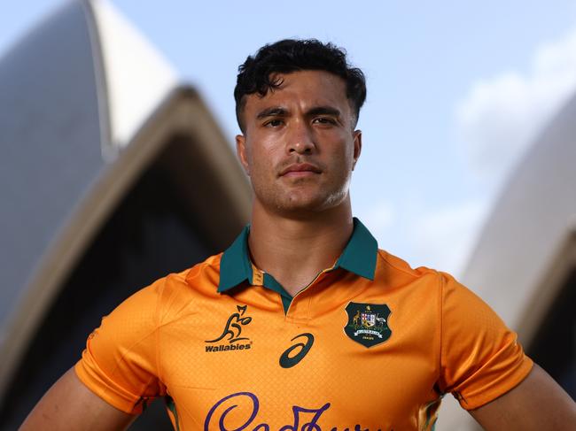 SYDNEY, AUSTRALIA - OCTOBER 29: Joseph-Aukuso Suaalii poses during the Wallabies jersey launch for the 2025 British & Irish Lions Tour at The Royal Botanic Gardens on October 29, 2024 in Sydney, Australia. (Photo by Jason McCawley/Getty Images)