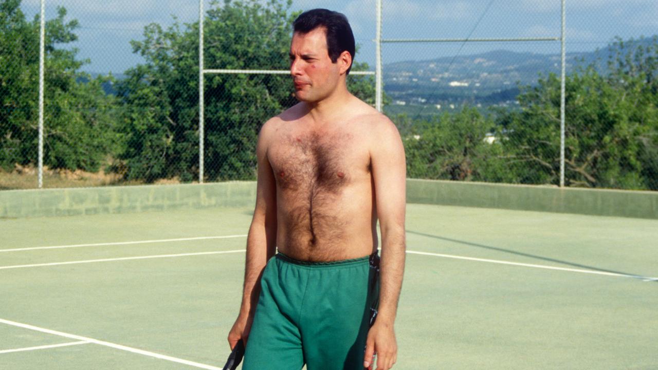 Freddie Mercury on the tennis court at the Pikes Hotel in Ibiza on May 28, 1987.