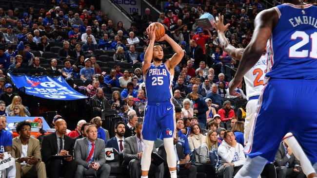 Ben Simmons scores his first career NBA three-pointer against New York. Picture: Getty