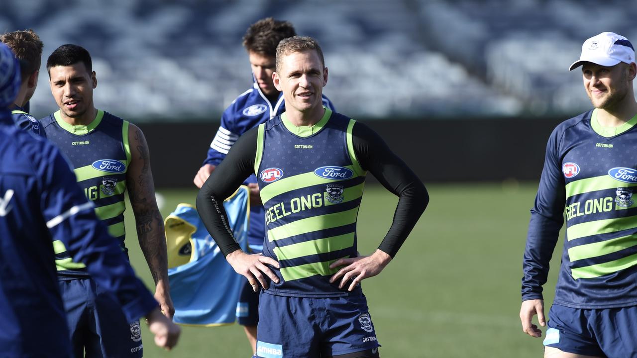 Geelong skipper Joel Selwood denies he’s suffering knee tendinitis. Picture: Alan Barber