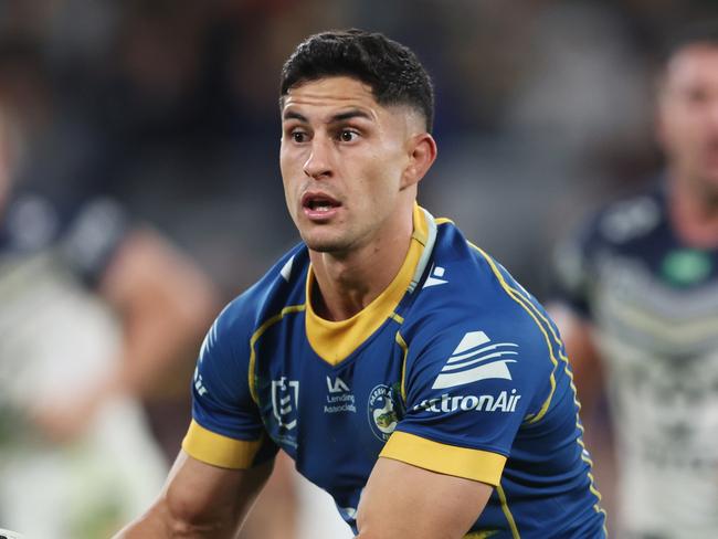 SYDNEY, AUSTRALIA - MAY 26: Dylan Brown of the Eels runs with the ball during the round 13 NRL match between Parramatta Eels and North Queensland Cowboys at CommBank Stadium on May 26, 2023 in Sydney, Australia. (Photo by Mark Metcalfe/Getty Images)