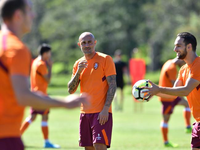 Massimo Maccarone in action during Brisbane Roar training at Ballymore in Brisbane, Wednesday, October 25, 2017. The Roar will play Wellington Phoenix in their round 4 A-League match in New Zealand on Saturday, October 28. (AAP Image/Darren England). NO ARCHIVING
