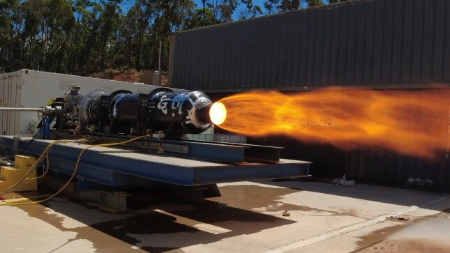 Test firing of a rocket engine.