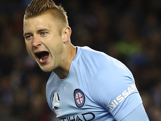 MELBOURNE, AUSTRALIA - OCTOBER 14:  Marcin Budzinski of the City celebrates after scoring a goal during the round two A-League match between Melbourne Victory and Melbourne City FC at Etihad Stadium on October 14, 2017 in Melbourne, Australia.  (Photo by Robert Cianflone/Getty Images)