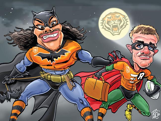 The Wests Tigers' potential dynamic duo, Jarome Luai and Lachlan Galvin. Artwork: Boo Bailey