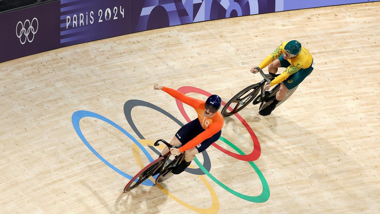 Gold medallist Harrie Lavreysen of Team Netherlands celebrates after beating Silver medallist Matthew Richardson of Team Australia. Photo by Tim de Waele/Getty Images