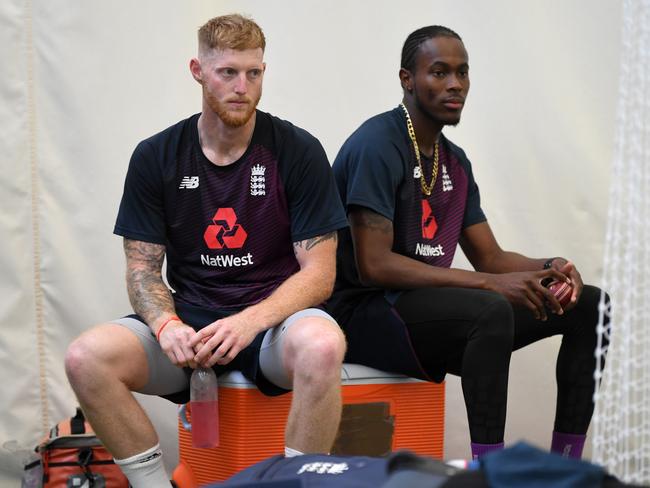 Ben Stokes and Jofra Archer of England during a nets session. Picture: Gareth Copley/Getty Images