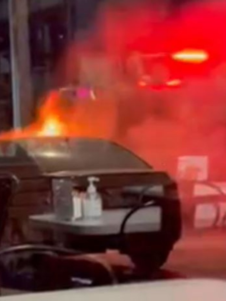 A car caught fire outside the Kardinia Cafe in Newtown on Thursday night.