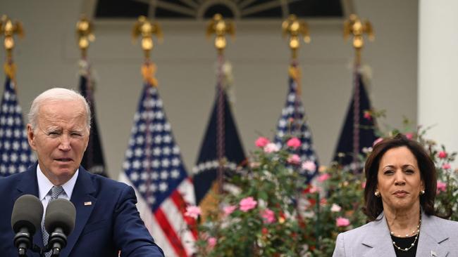 US Vice President Kamala Harris listens as President Joe Biden speaks in Washington, DC, September 22, 2023. (Photo by SAUL LOEB / AFP)