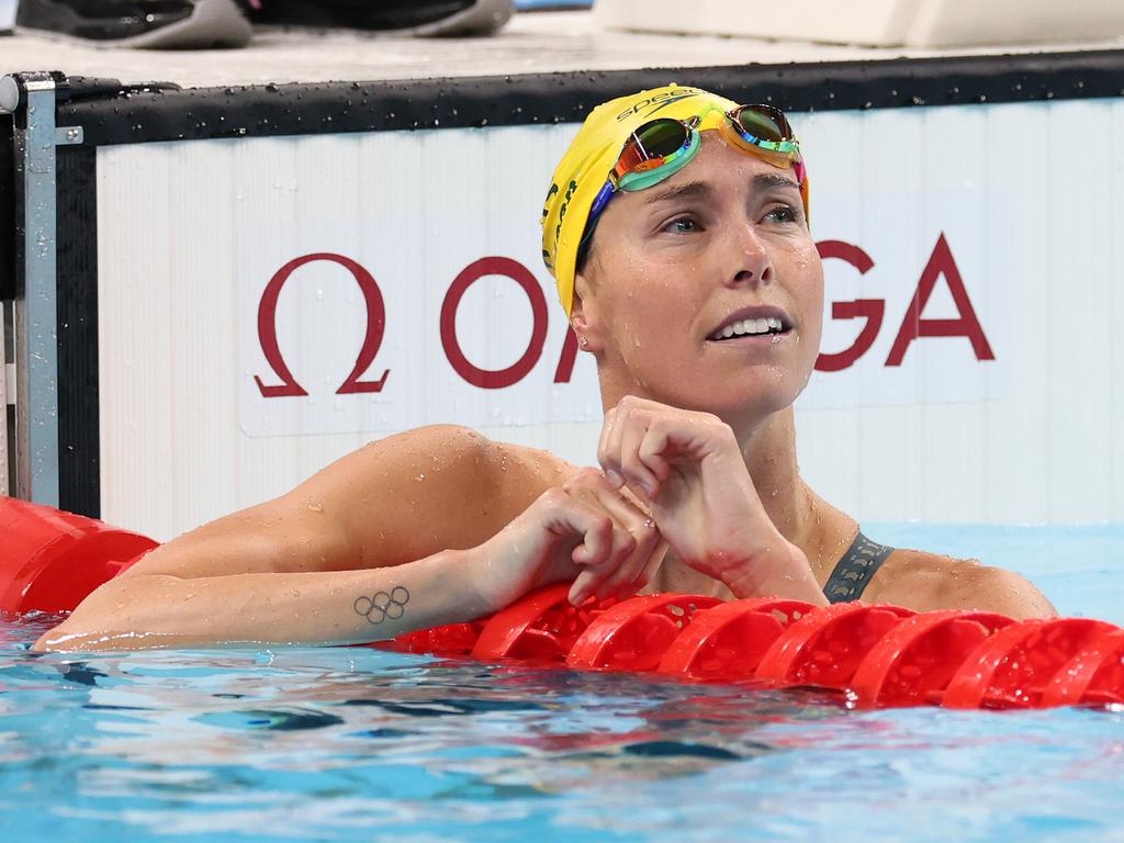 Emma McKeon looks up after finishing sixth in final of women’s 100m butterfly. Picture: Adam Head