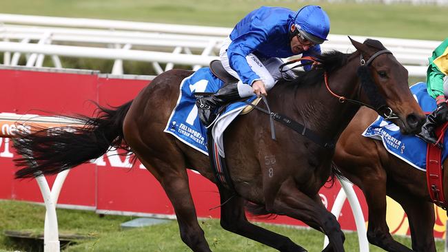 MELBOURNE. 15/10/2021. Caulfied Cup Day races at Caulfield Racecourse. Race 2. The Tile Importer Trophy.  Vianello ridden by Damien Oliver (blue colours) finishes over the top of Stern Impulse ridden by Dean Yendall to win race 2   . Photo by Michael Klein
