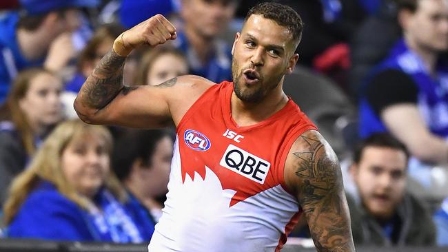 Lance Franklin celebrates a goal against North Melbourne.