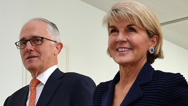 Former PM Malcolm Turnbull and deputy Julie Bishop. Picture: AFP