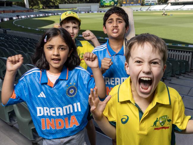 December 5, 2024:  Cricket fans Callum, 10, Nityaa, 8, Sheriar, 11 and Kees, 8  getting ready for the Australia vs India test match at Adelaide oval.  Picture: Kelly Barnes