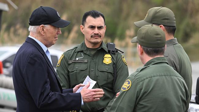 US President Joe Biden speaks with US Border Patrol agents as he visits the US-Mexico border in Brownsville, Texas, on February 29. Picture: AFP