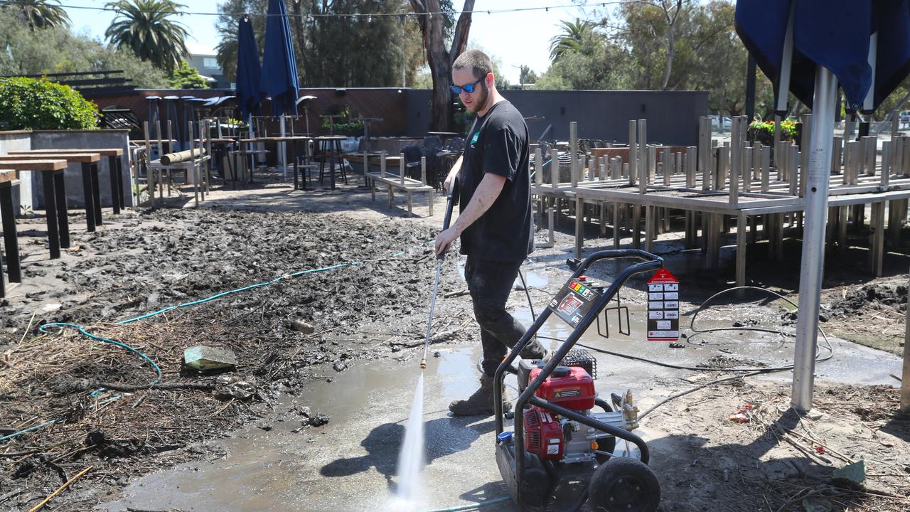 Clean-up on the Anglers Tavern in Maribyrnong after floods in October. Picture: NCA NewsWire / David Crosling