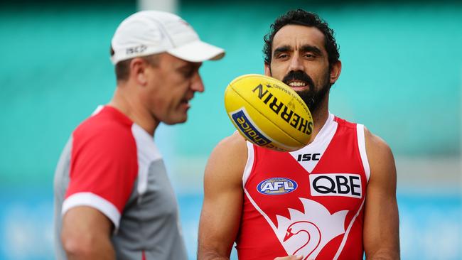 Adam Goodes with John Longmire at the Sydney Swans in 2013. Photo by Matt King/Getty Images