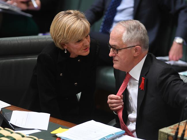 Speaking with long-term friend and colleague Malcolm Turnbull during Question Time in Parliament in October 2017. Picture: AAP