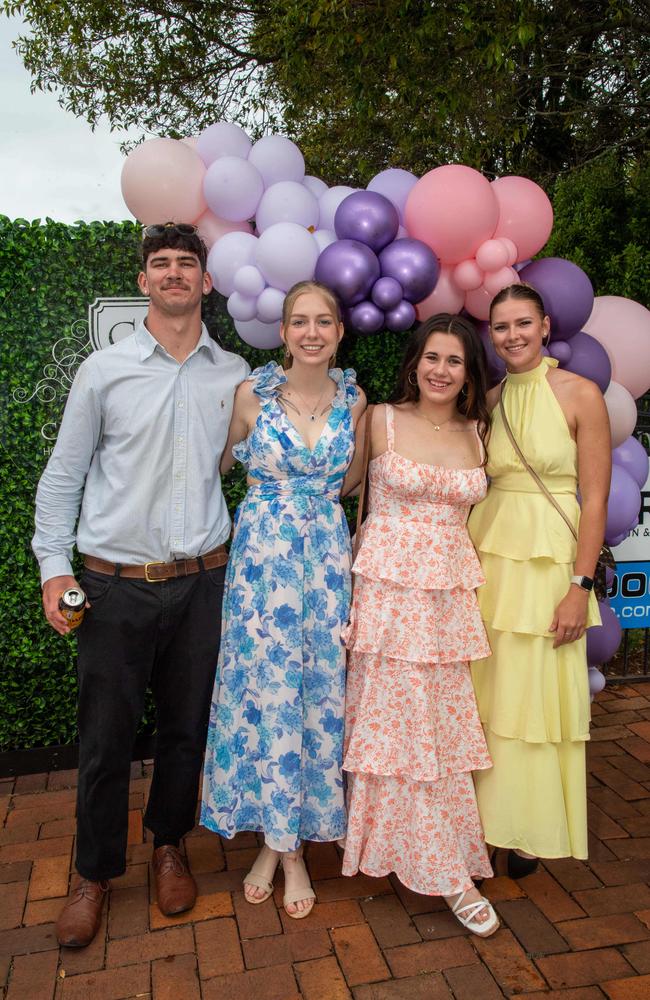 (From left) Declan Pearson, Macey Heslin, Learna Moncada and Alexia Lever. Weetwood Raceday at Toowoomba Turf Club. Saturday, September 28, 2024. Picture: Nev Madsen.