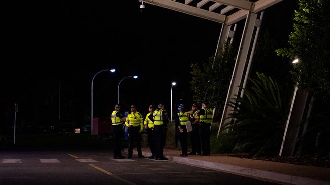 Police patrols overnight at the front of Lasseters Hotel Casino in Alice Springs during the curfew on March 30, 2024. Picture: Pema Tamang Pakhrin