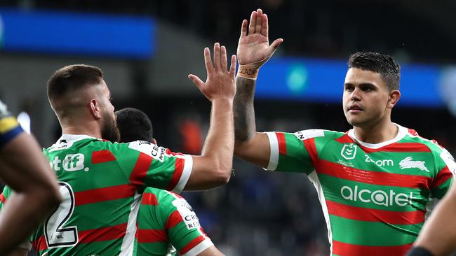 Corey Allan (L) is stuck behind Latrell Mitchell (R) at the Rabbitohs. Picture: Phil Hillyard