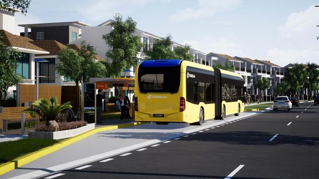 An artist impression of the proposed Gold Coast electric bus system, known as the Bus Rapid Transit (BRT).