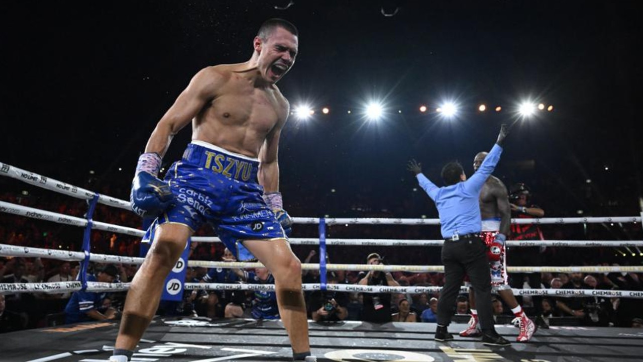 Tim Tszyu celebrates after beating Tony Harrison. (AAP Image/Dean Lewins)