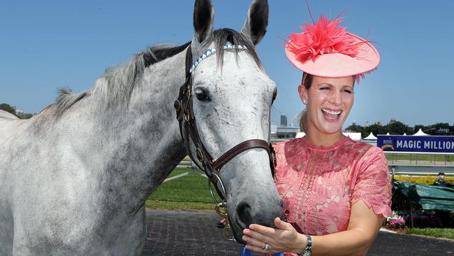 Zara Phillips at the Gold Coast Turf Club with showjumper Pepper. Picture: Richard Gosling