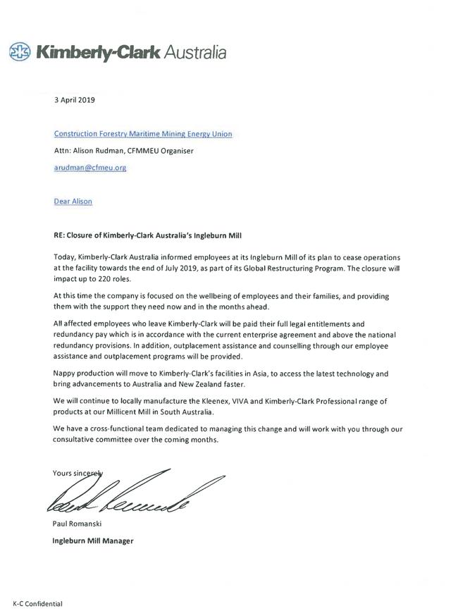 The letter from Kimberley Clark in relation to the closure of their Ingleburn factory