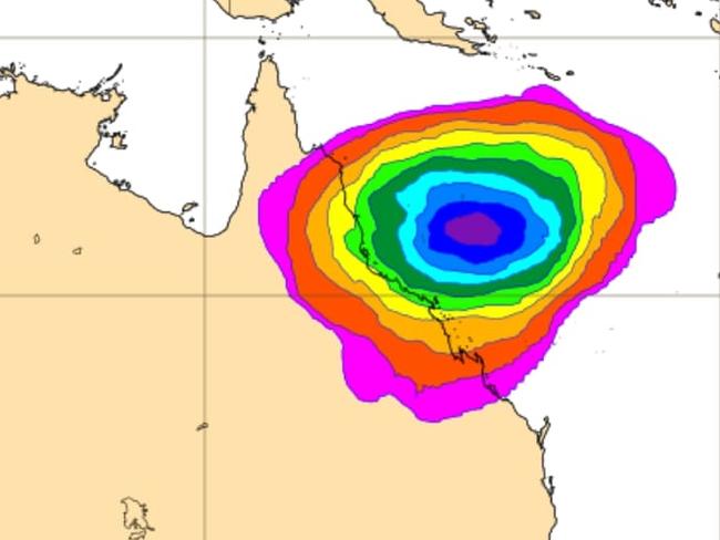 This model predicts the cyclone has a 20 per cent chance of striking between the Quensland towns of Cooktown and St Lawrence. Photo: WeatherZone