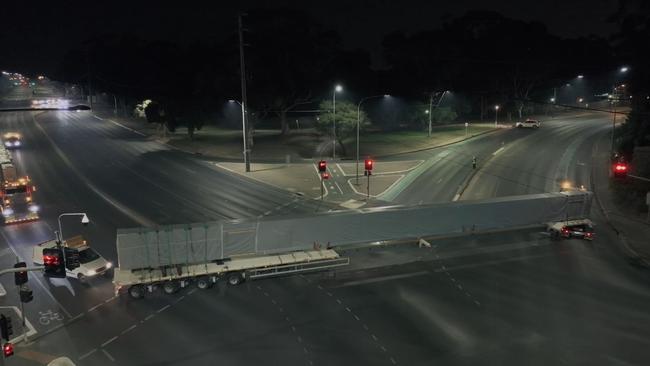 A truckie negotiates a tricky turn on the way through Adelaide. Picture: Dept of Transport and Infrastructure