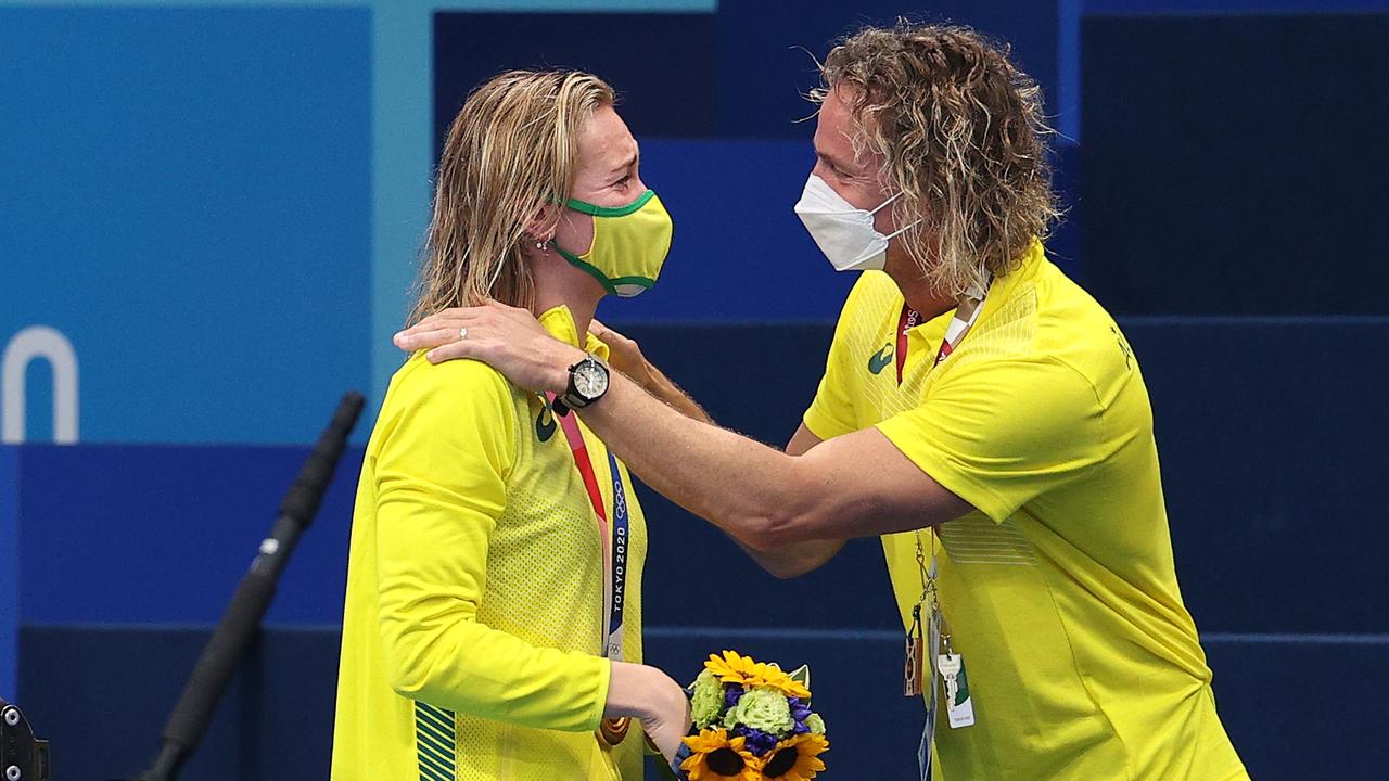 Ariarne Titmus celebrates her 200m freestyle gold medal with coach Dean Boxall. Pic: Getty Images