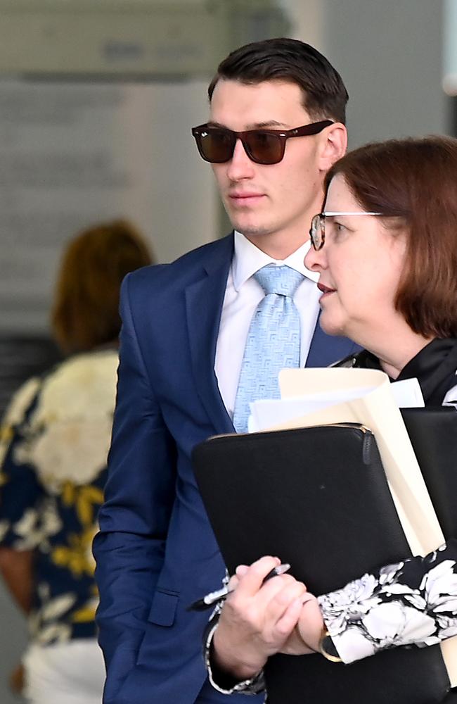 Tyler Phillip Sullivan (wearing sunglasses) at Brisbane Supreme Court. Picture: John Gass