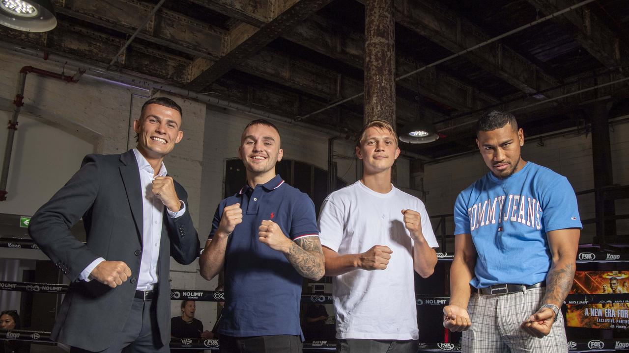 SYDNEY AUSTRALIA - NewsWire Photos, 15 DECEMBER, 2022: The Foxtel Group and No Limit Boxing will make a major partnership announcement at Carriageworks, Eveleigh. (L to R) Harry Garside, Sam Goodman, Nikita Tszyu and Paulo Aokusu in the ring. Photos/Simon Bullard.