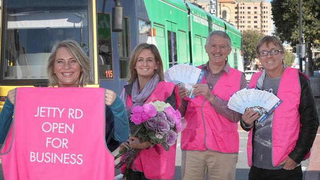 Linda Johnson, Bay Junction Florist owner Amanda Sim, Don McInnes and Adrian Hill are promoting the message that Jetty Rd is still open for business. Picture: Dean Martin