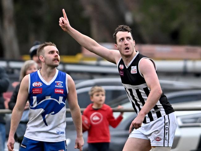 Moonee ValleyÃs Bevan Newell celebrates one of his two goals during the EDFL football match between Sunbury Kangaroos and Moonee Valley in Sunbury, Saturday, July 23, 2022. Picture: Andy Brownbill