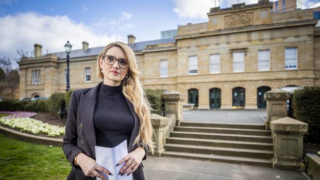 Alysha (surname withheld) holds a press conference on Parliament lawns after having long running difficulties with sexual assessment claims while working at Ashley Youth Detention Centre. Picture: Richard Jupe