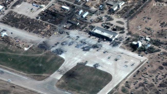 Maxar satellite image taken of the destroyed the tarmac at Kherson Airfield in Kherson, Ukraine. Picture: 2022 Maxar Technologies/ AFP.